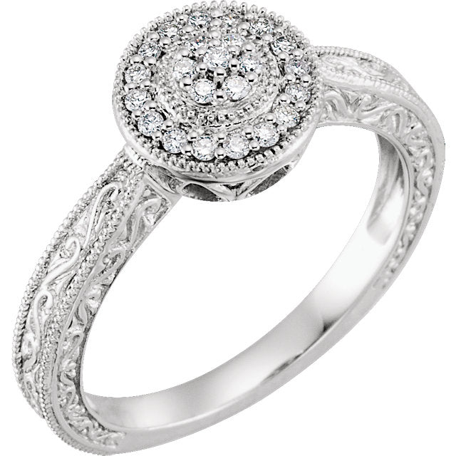 10K White Gold 1/6 CTW Diamond Multi Stone Halo Filigree Carved Promise Ring-652984:60001:P-Chris's Jewelry