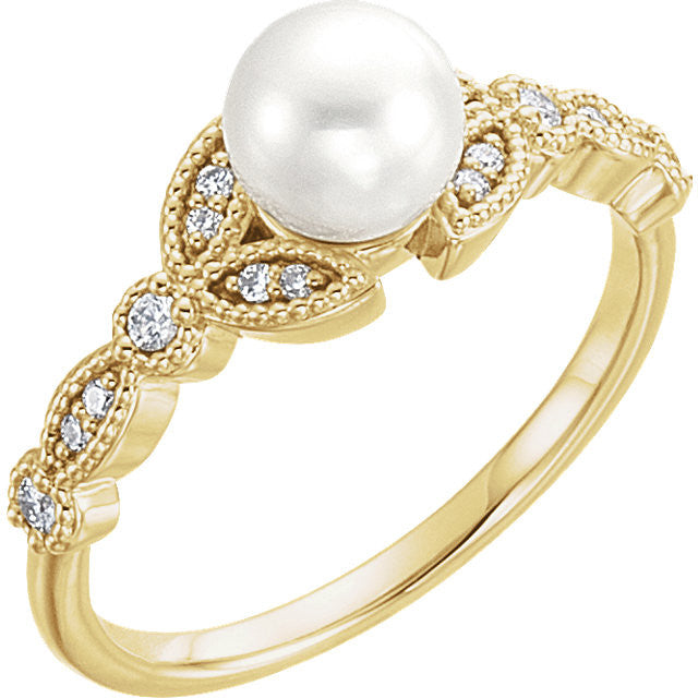 14K Gold Freshwater Pearl & 1/8 CTW Diamond Leaf Ring-6491:601:P-Chris's Jewelry