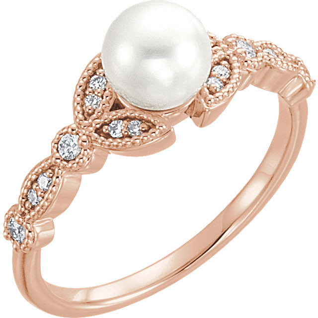 14K Gold Freshwater Pearl & 1/8 CTW Diamond Leaf Ring-6491:602:P-Chris's Jewelry