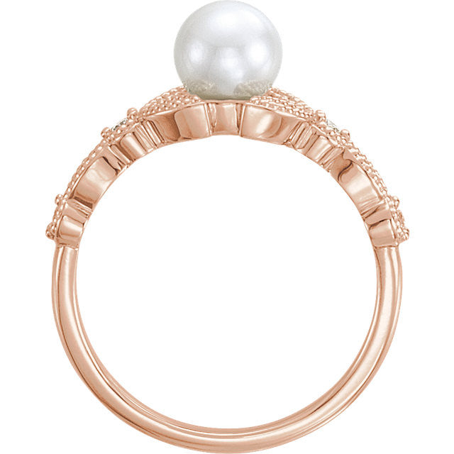 14K Gold Freshwater Pearl & 1/8 CTW Diamond Leaf Ring-Chris's Jewelry