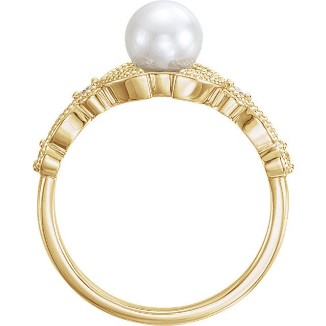 14K Gold Freshwater Pearl & 1/8 CTW Diamond Leaf Ring-Chris's Jewelry