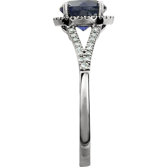 14K White Gold 7mm Round Created Blue Sapphire & 1/5 CTW Diamond Halo Ring-651300:70008:P-Chris's Jewelry