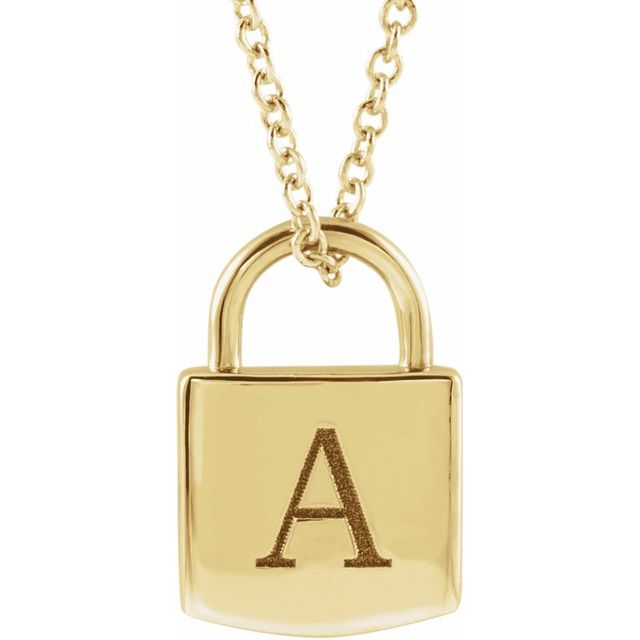 14K Yellow Gold 12.02x8 mm Engravable Initial Lock Pendant 16-18" Necklace-87184:110:P-Chris's Jewelry
