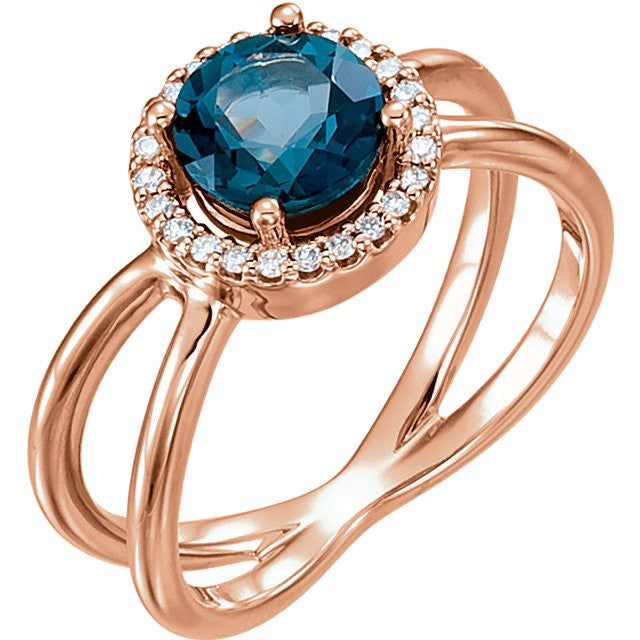 14k Gold London Blue Topaz & 1/8 CTW Diamond Halo-Style X Band Ring-71822:602:P-Chris's Jewelry