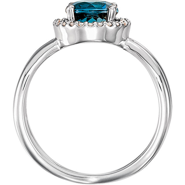 14k Gold London Blue Topaz & 1/8 CTW Diamond Halo-Style X Band Ring-Chris's Jewelry