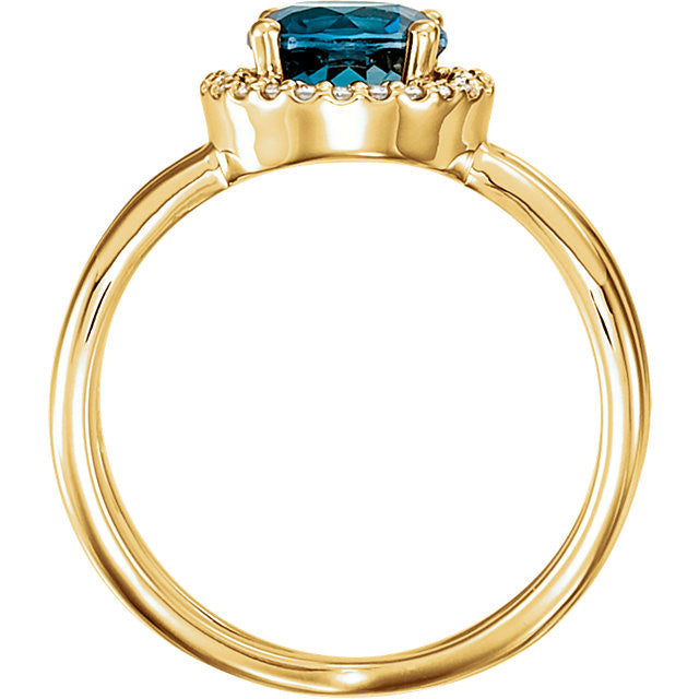 14k Gold London Blue Topaz & 1/8 CTW Diamond Halo-Style X Band Ring-Chris's Jewelry