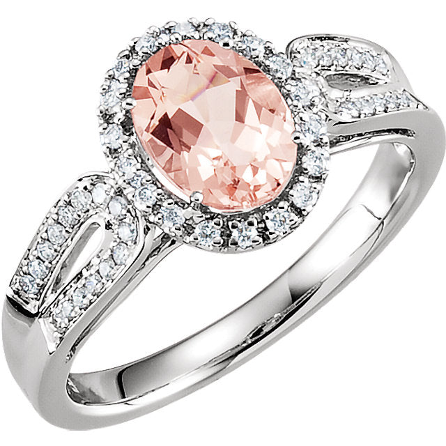 14k Gold Oval Morganite & 1/5 CTW Diamond Halo Double Shank Ring - White or Rose-651508:100:P-Chris's Jewelry