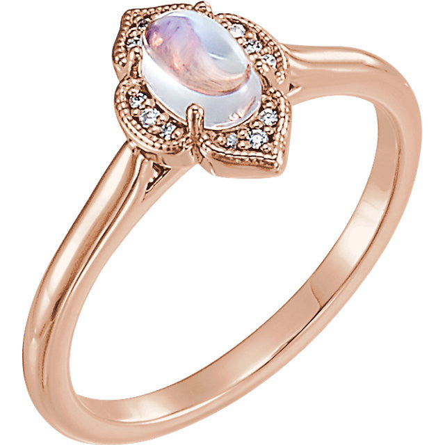 14k Gold Rainbow Moonstone and .03 CTW Diamond Clover Ring-71939:613:P-Chris's Jewelry