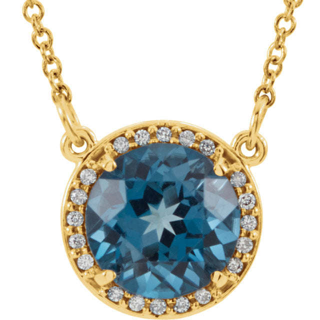 14k Gold Round London Blue Topaz & .05 CTW Diamond Halo Necklace-85905:640:P-Chris's Jewelry
