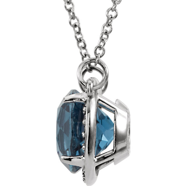 14k Gold Round London Blue Topaz & .05 CTW Diamond Halo Necklace-Chris's Jewelry
