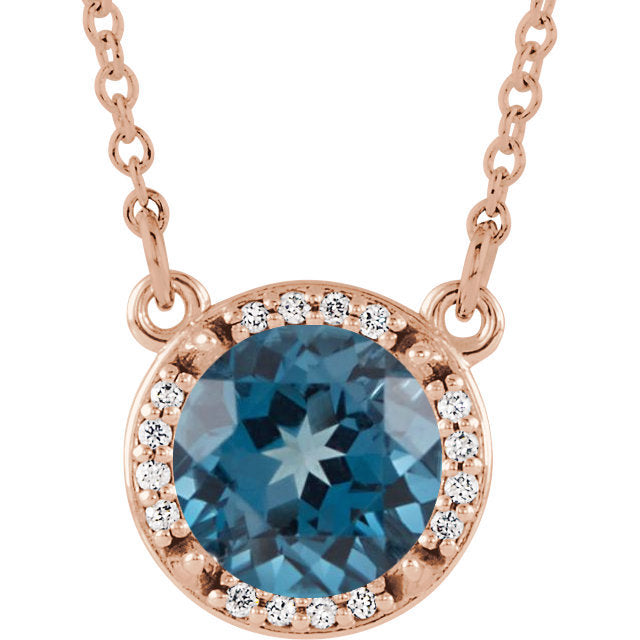14k Gold Round London Blue Topaz & .05 CTW Diamond Halo Necklace-85905:641:P-Chris's Jewelry