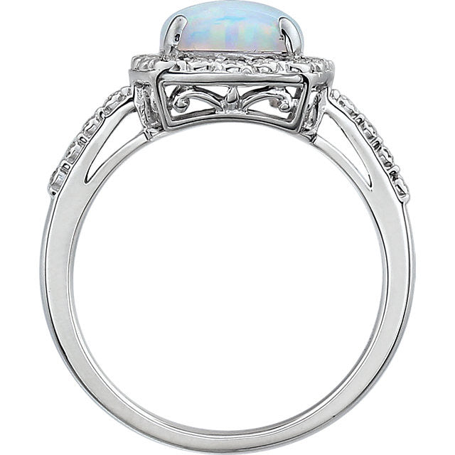 14k White Gold 10x8 Cushion Opal & Diamond Halo Ring-651426:70003:P-Chris's Jewelry