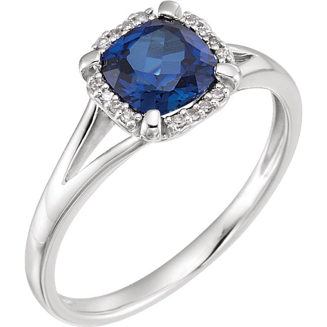 14k White Gold Cushion Created Blue Sapphire & .05 CTW Diamond Halo Ring-651952:60009:P-Chris's Jewelry