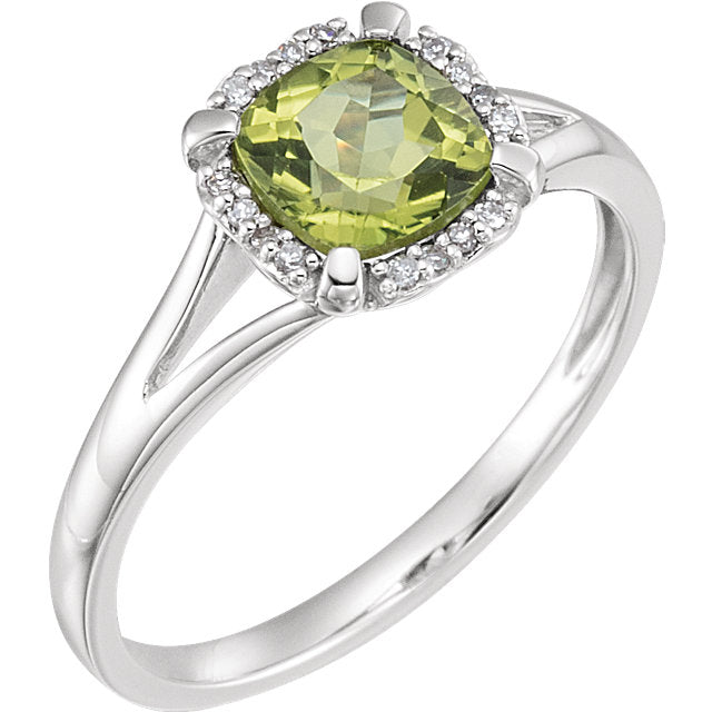 14k White Gold Cushion Cut Peridot & .05 CTW Diamond Halo Ring-651952:60008:P-Chris's Jewelry