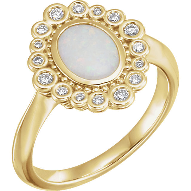 14k White Gold Oval Bezel Set Genuine Opal & 1/6 CTW Diamond Halo Ring-71954:606:P-Chris's Jewelry