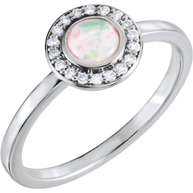 14k White Rose or Yellow Gold Bezel Round Genuine Australian Opal & Diamond Halo Ring-71821:600:P-Chris's Jewelry