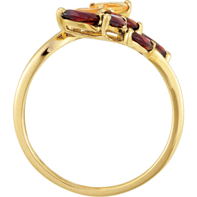 14k Yellow Gold Citrine & Mozambique Garnet Leaf Bypass Ring-69590:101:P-Chris's Jewelry