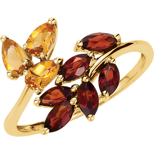 14k Yellow Gold Citrine & Mozambique Garnet Leaf Bypass Ring-69590:101:P-Chris's Jewelry
