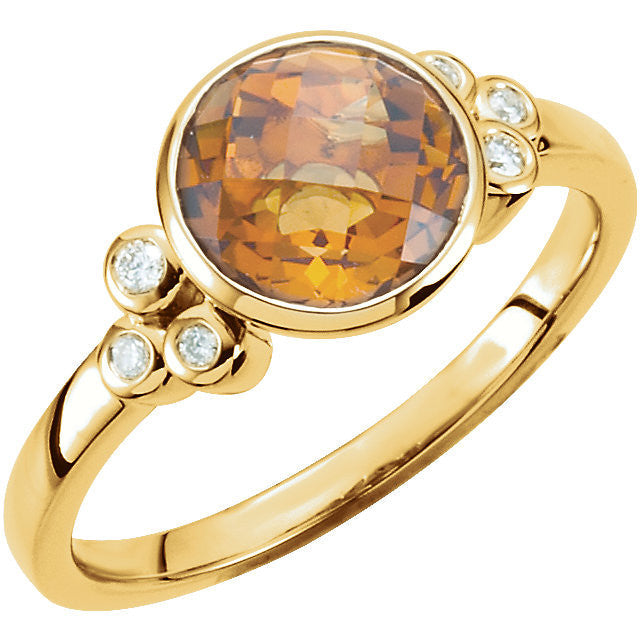 14k Yellow Gold Round Bezel Set Citrine & Diamond Accented Ring-66939:101:P-Chris's Jewelry