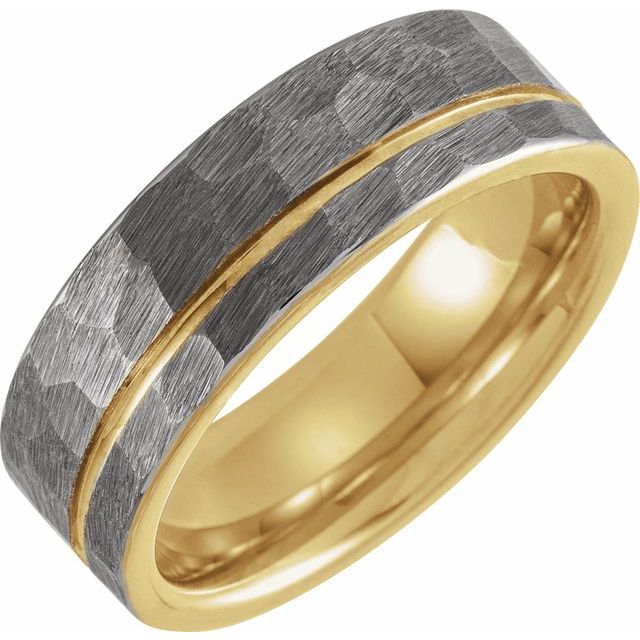 18K Yellow Gold PVD Tungsten 8 mm Grooved Band with Hammer Finish-Chris's Jewelry