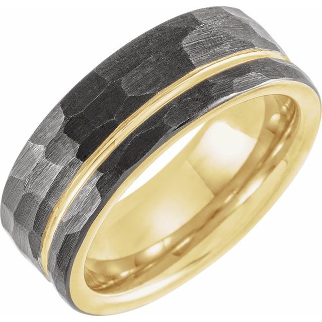 Black & 18K Yellow Gold PVD Tungsten 8 mm Grooved Band With Hammer Finish-Chris's Jewelry
