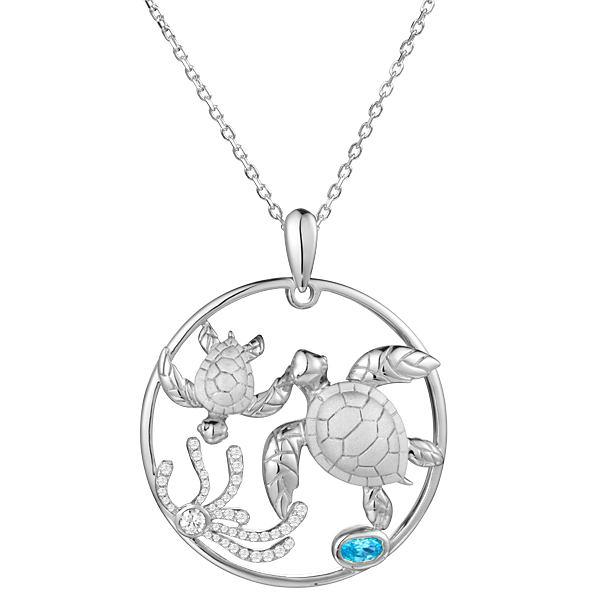 Sterling Silver Alamea Hawaii Mom & Baby Turtle Blue Topaz Pendant-410-11-01-Chris's Jewelry