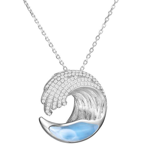 Sterling Silver Alamea Larimar Ocean Wave Pave CZ Pendant-411-81-02-Chris's Jewelry