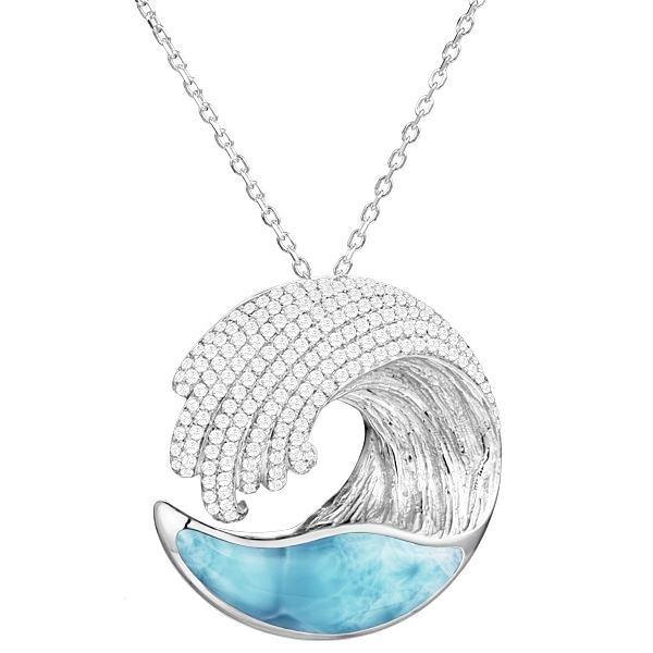 Sterling Silver Alamea Larimar Ocean Wave Pave CZ Pendant-411-81-01-Chris's Jewelry