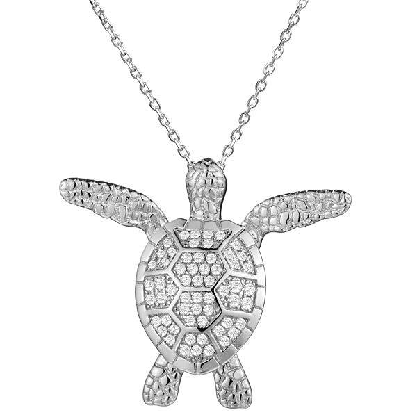 Sterling Silver Alamea Pave CZ Swimming Sea Turtle Pendant-416-11-01-Chris's Jewelry