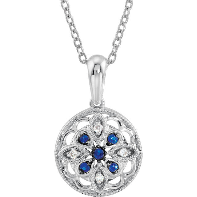 Sterling Silver Blue Sapphire & Diamond Granulated Filigree Necklace-69749:100:P-Chris's Jewelry