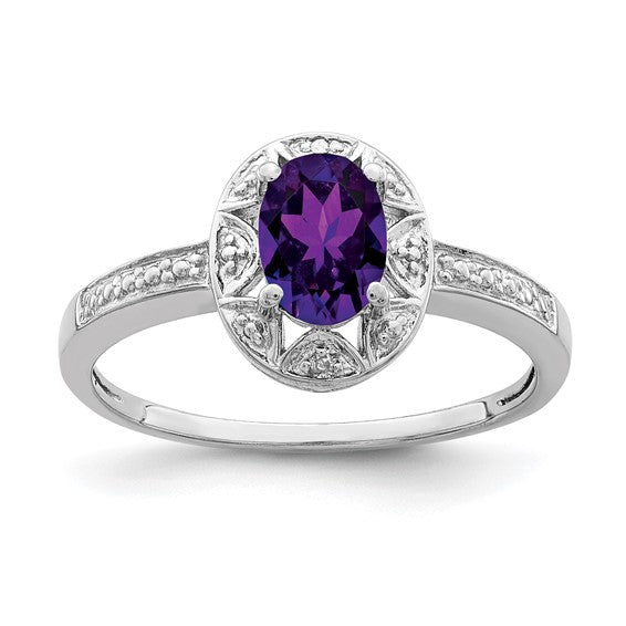 Sterling Silver Oval Birthstone & Diamond Accented Rings-QBR10FEB-5-Chris's Jewelry