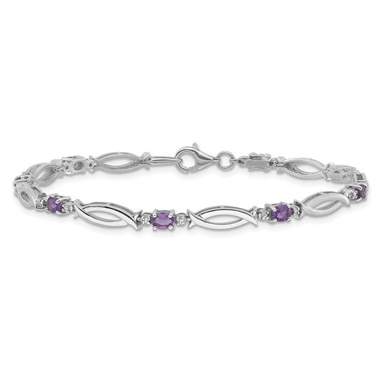 Sterling Silver Oval Gemstone and Diamond Link Design Bracelets-QX994AM-Chris's Jewelry