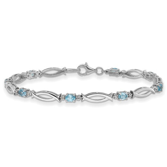 Sterling Silver Oval Gemstone and Diamond Link Design Bracelets-QX994BT-Chris's Jewelry