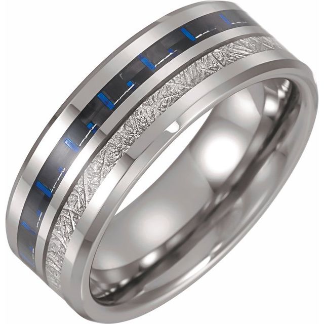 Tungsten 8 mm Band with Imitation Meteorite and Carbon Fiber Inlay-Chris's Jewelry