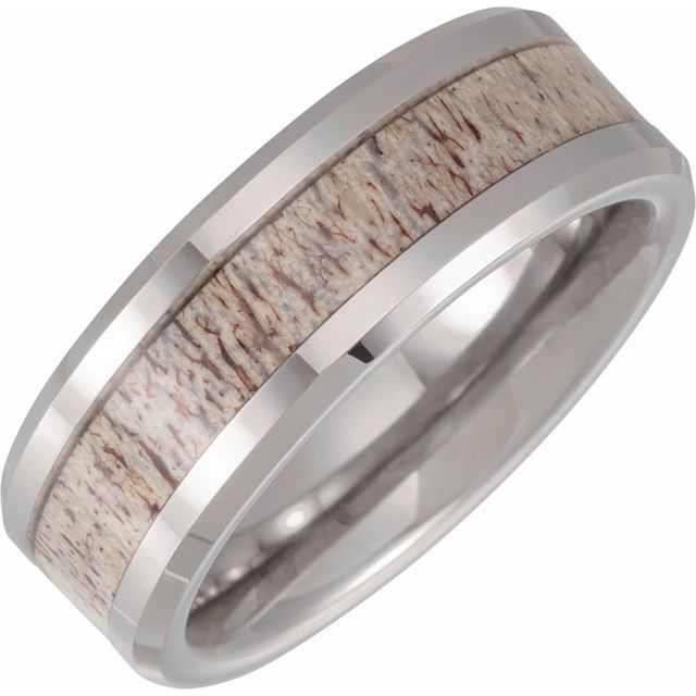 Tungsten 8 mm Beveled Band with Velvet Antler Wood Inlay-Chris's Jewelry