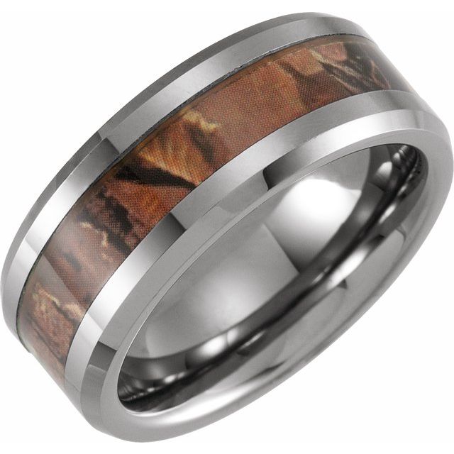 Tungsten 8 mm Beveled-Edge Band with Acacia Wood Inlay-Chris's Jewelry