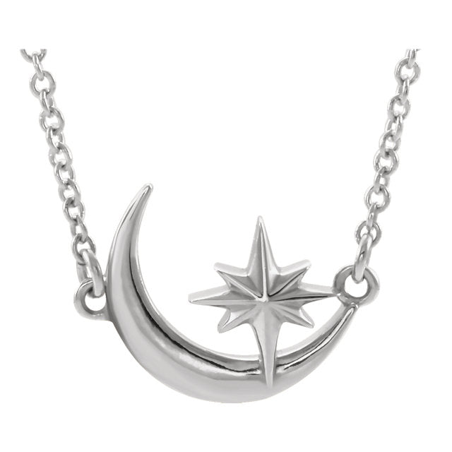 14K Gold Crescent Moon & Star Necklace - Yellow Rose or White Gold-86843:600:P-Chris's Jewelry