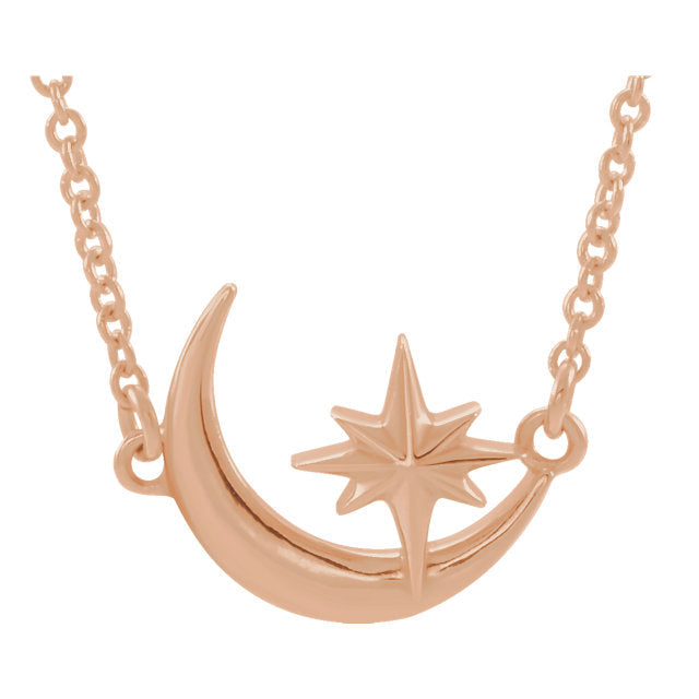 14K Gold Crescent Moon & Star Necklace - Yellow Rose or White Gold-86843:602:P-Chris's Jewelry