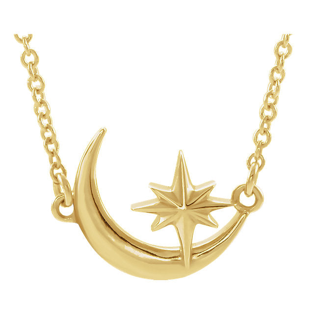 14K Gold Crescent Moon & Star Necklace - Yellow Rose or White Gold-86843:601:P-Chris's Jewelry