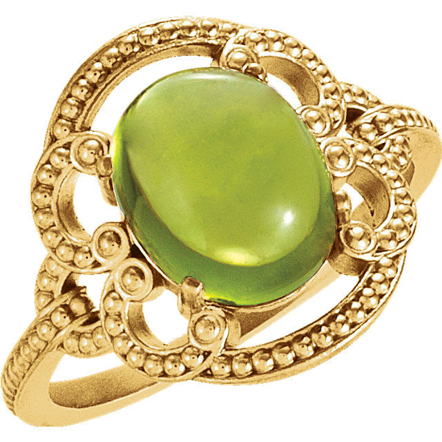 14K Gold Oval Peridot 10mm Cabochon Granulated Design Ring-71565:108:P-Chris's Jewelry