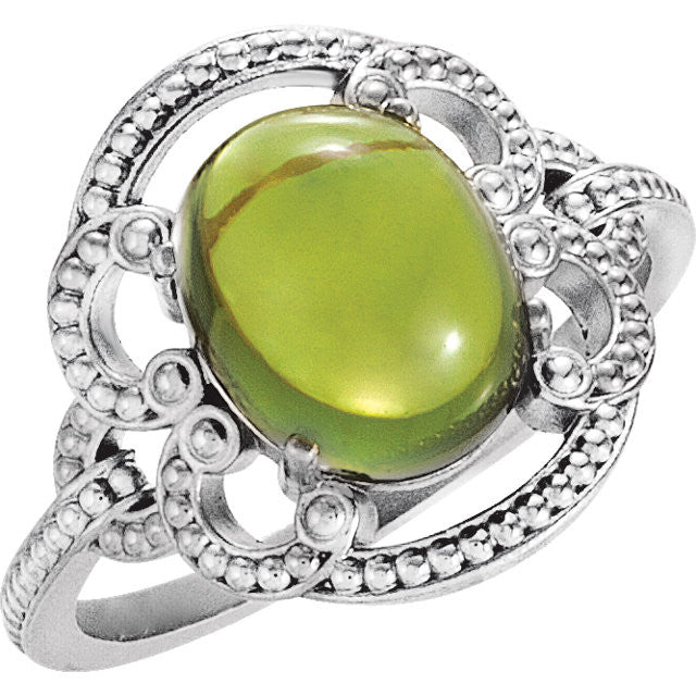14K Gold Oval Peridot 10mm Cabochon Granulated Design Ring-Chris's Jewelry