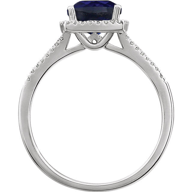 14K White Gold 7mm Cushion Cut Created Blue Sapphire & Diamond Halo Ring-652046:60003:P-Chris's Jewelry