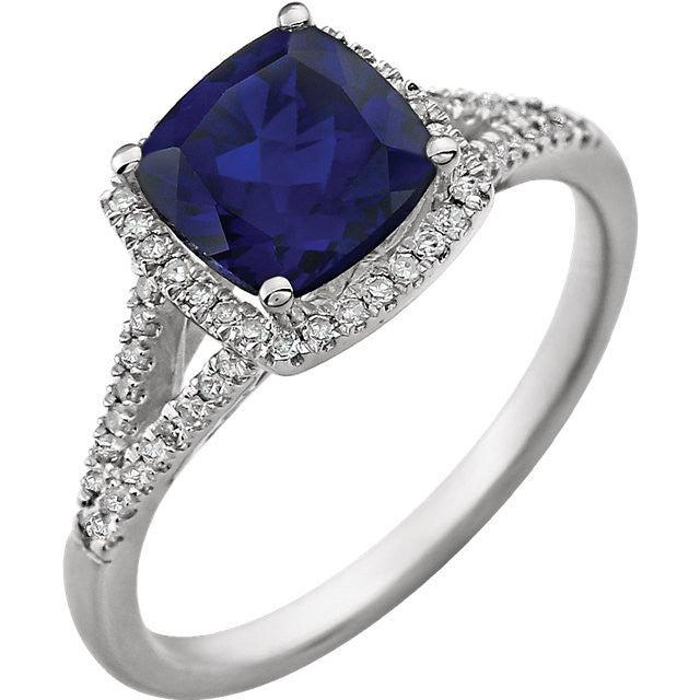 14K White Gold 7mm Cushion Cut Created Blue Sapphire & Diamond Halo Ring-652046:60003:P-Chris's Jewelry