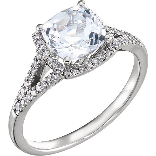 14K White Gold 7mm Cushion Cut Created White Sapphire & Diamond Halo Ring-652046:60002:P-Chris's Jewelry