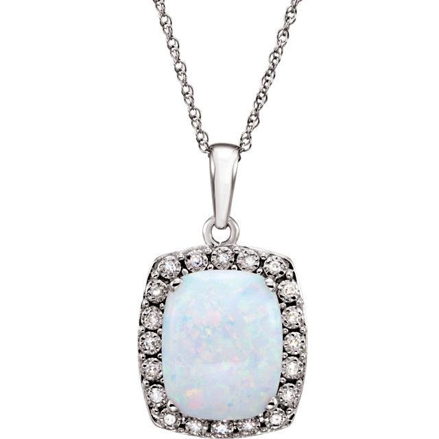 14K White Gold Cushion Created Opal & .05 CTW Diamond Halo Necklace-651427:70003:P-Chris's Jewelry