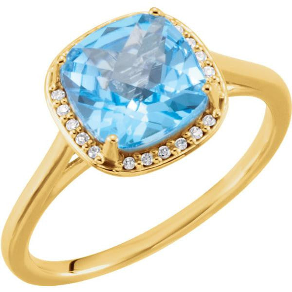 14k Gold 8mm Cushion Cut Swiss Blue Topaz & Diamond Halo Ring-71635:70001:P-Chris's Jewelry