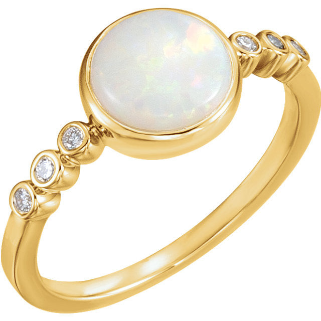 14k Gold 8mm Round Bezel Set Genuine Australian Opal & Diamond Ring-71824:601:P-Chris's Jewelry