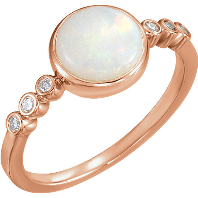 14k Gold 8mm Round Bezel Set Genuine Australian Opal & Diamond Ring-71824:602:P-Chris's Jewelry
