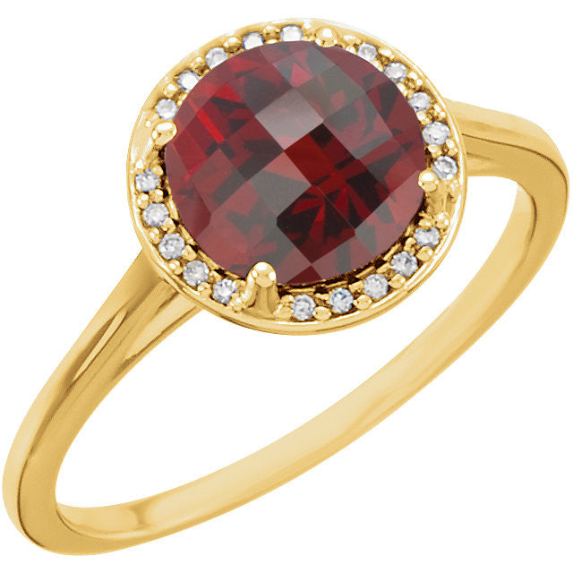 14k Gold 8mm Round Mozambique Garnet and .05CTW Diamond Halo Ring-71632:70007:P-Chris's Jewelry