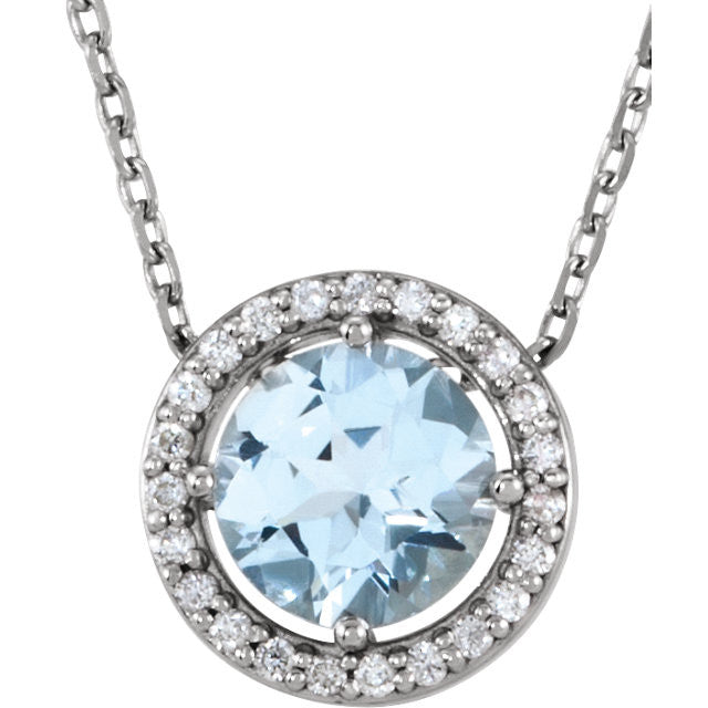 14k Gold Aquamarine & .06 CTW Diamond Halo Necklace-86066:105:P-Chris's Jewelry